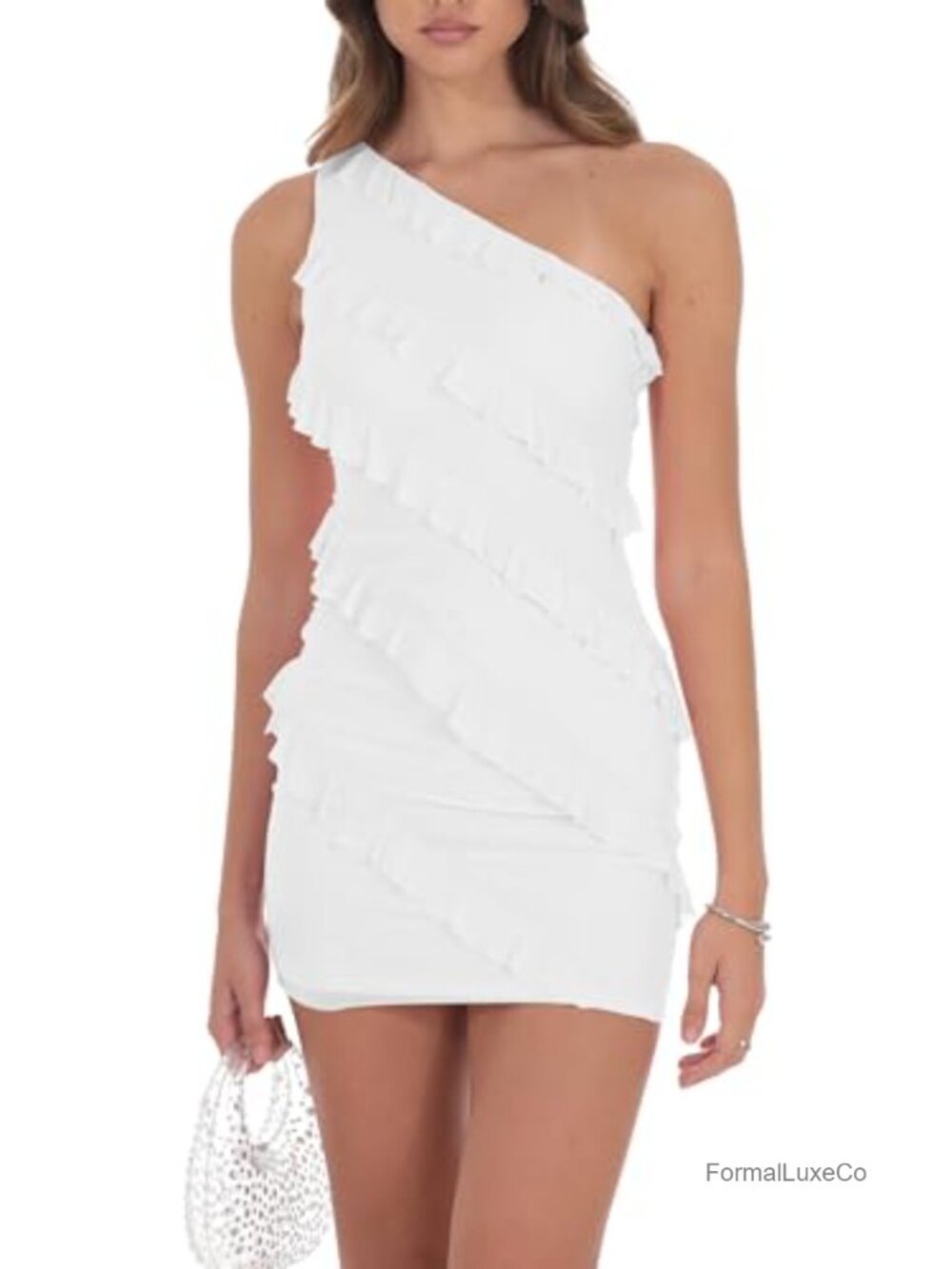 Sexy One Shoulder Bodycon Mini Party Dress Ruffle Mesh Sleeveless